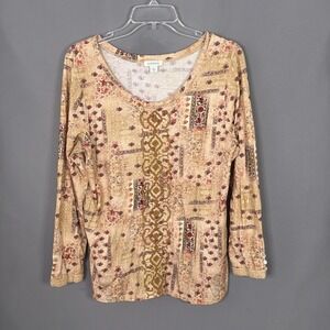 Sundance Top Womens Large Tan Long Sleeve Boho Floral Stretch Tee Lace Trim